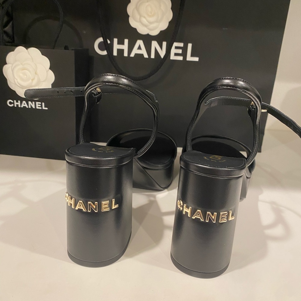 New Chanel Black Block Heel Sandals